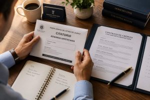Persona revisando citatorio judicial de demanda hipotecaria en Guadalajara junto a contrato de crédito y agenda