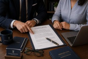 Abogado en elaboración de contratos en Guadalajara revisando las cláusulas de un documento legal junto a un cliente