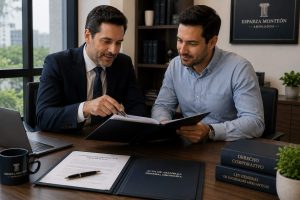 Abogado y empresario revisando la prevención legal para empresas en Guadalajara con contratos y documentos corporativos sobre una mesa