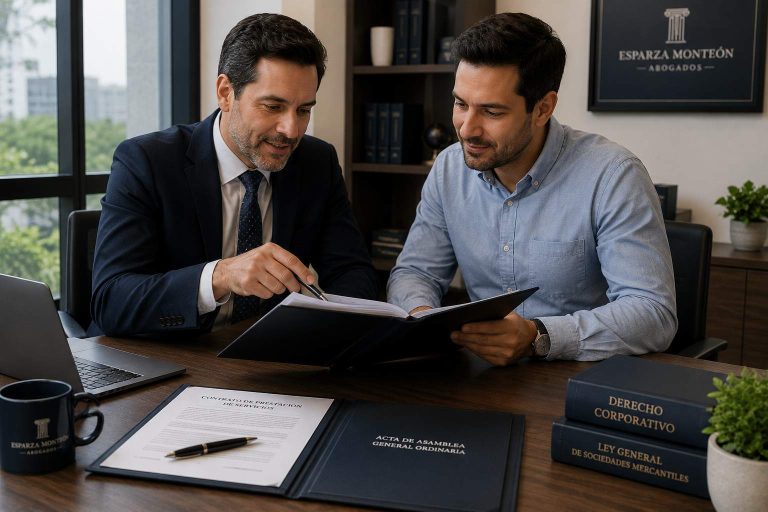 Abogado y empresario revisando la prevención legal para empresas en Guadalajara con contratos y documentos corporativos sobre una mesa