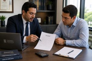 Abogado revisando un documento con un cliente para cobrar un pagaré en Guadalajara