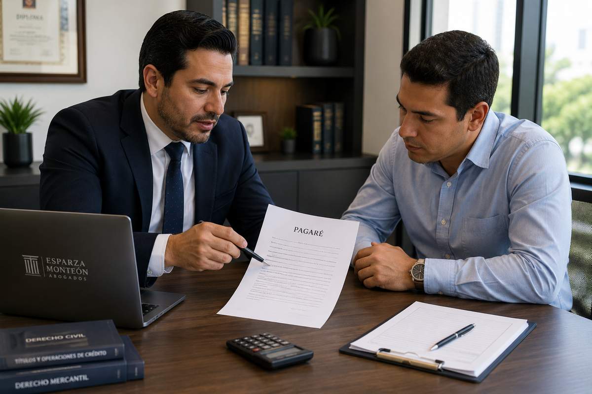 Abogado revisando un documento con un cliente para cobrar un pagaré en Guadalajara