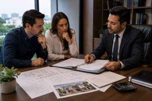 Pareja revisando documentos legales antes de comprar remates bancarios en Guadalajara