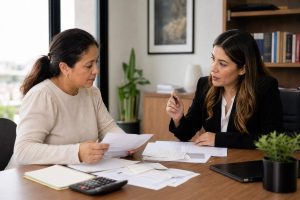 Madre revisando gastos para solicitar pensión alimenticia en Guadalajara